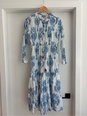 Handprint Dreams Greek Slow Fashion 100% Cotton Blue & White Floral Midi Dress S